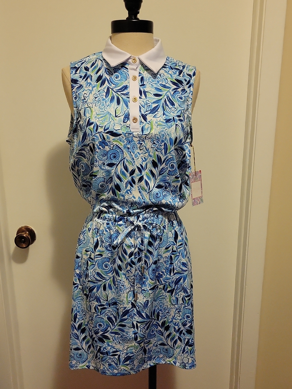 NWT: Stella Parker Sport Blue Print Sleeveless Collared Polo Dress With Pockets